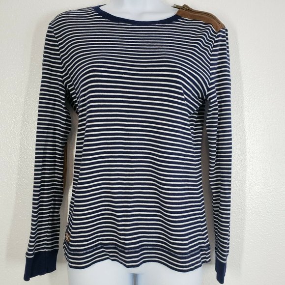 Lauren Ralph Lauren Womens top blue White Striped leather patch Shirt Medium - Picture 3 of 10